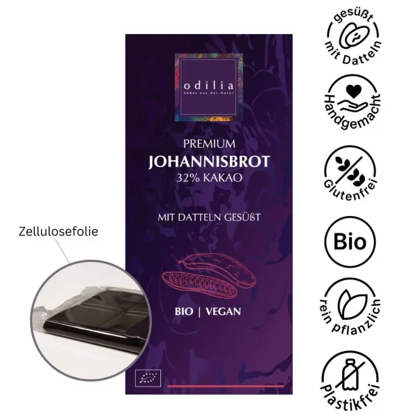 Odilia Premium Johannisbrot Schokolade vegan reine Dattelsüße ohne zugesetzten Zucker Bio plastikfrei glutenfrei