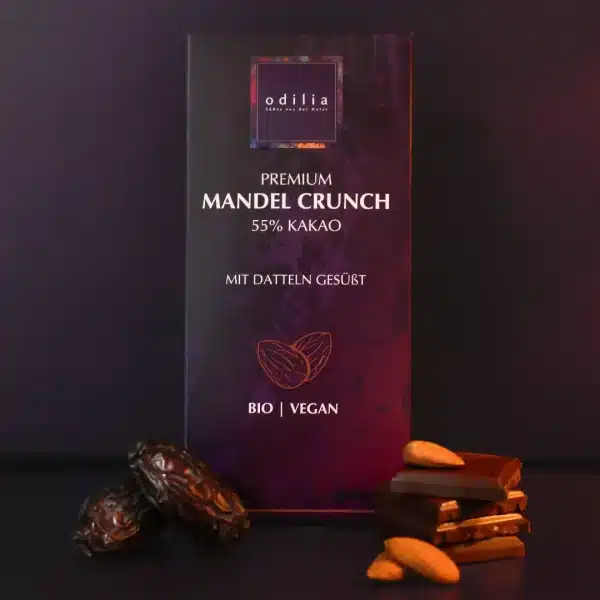 Odilia Premium Mandel Crunch Schokolade zuckerfreie Schokolade Dattelsüße no sugar added kein Zucker zugesetzt gesund naschen