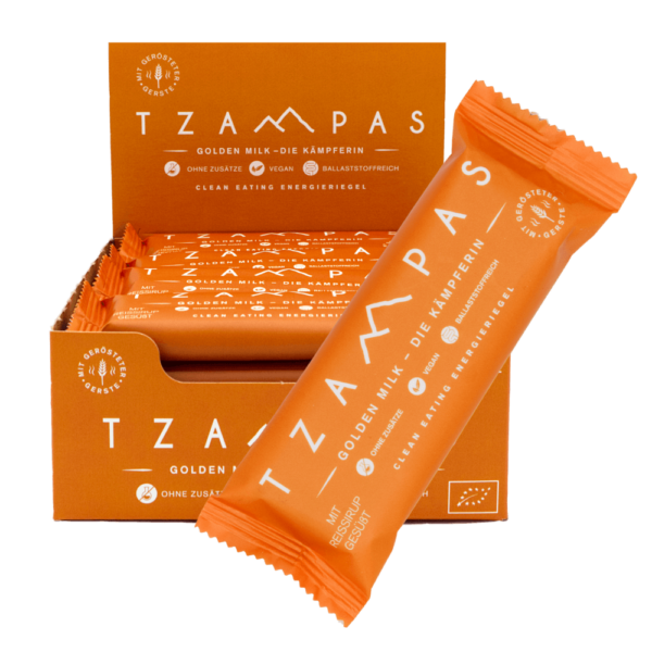 Tzampas Golden Milk Die Kämpferin Box zuckerfreier Riegel Gerste bio ohne Zucker no added sugar sugarfree