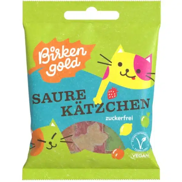 Birkengold Saure Kätzchen zuckerfrei vegan no added sugar Gummidrops hochwertig naschen ohne Zucker Diabetikerlebensmittel Kalorien sparen abnehmen