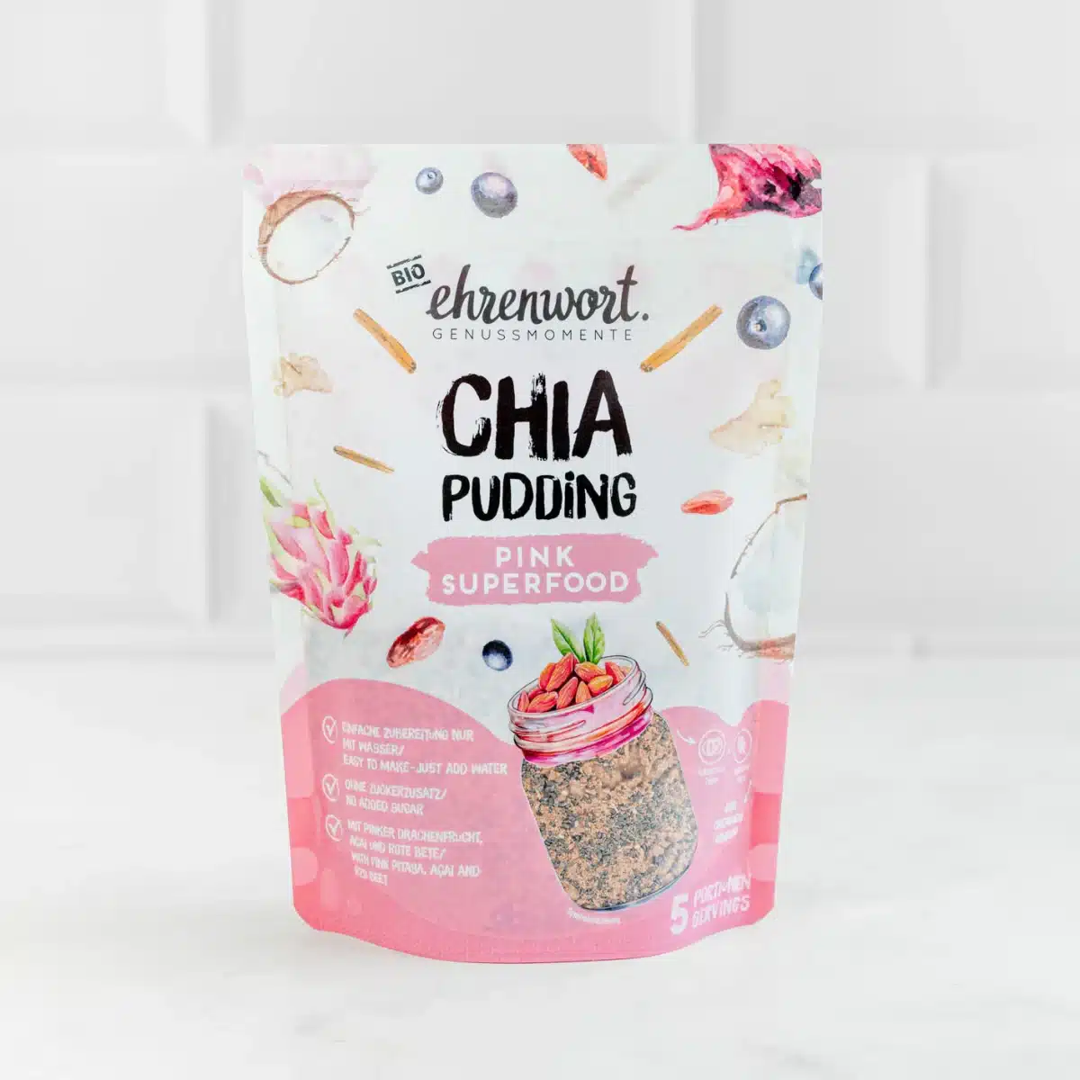 BIO Pink Superfood Chia Pudding zuckerfreies Dessert ohne zugesetzten Zucker vegan ohne Palmöl